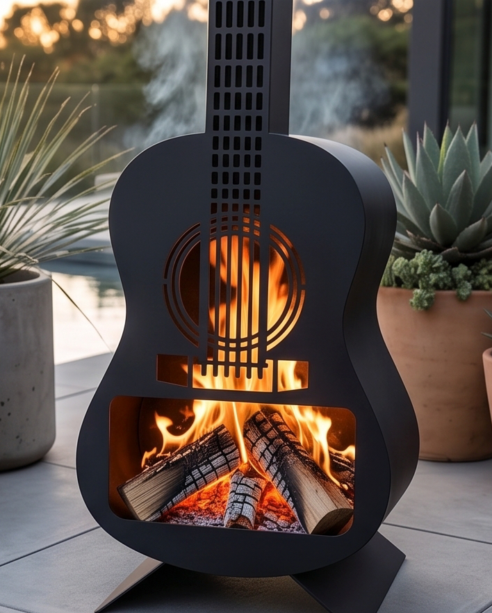 Handcrafted Acoustic Guitar Metal Fire Pit – 105cm Outdoor Chiminea