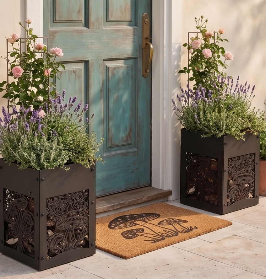 Handcrafted Metal Tall Planter with Decorative Mushroom & Botanical Design – Indoor/Outdoor Display Pot