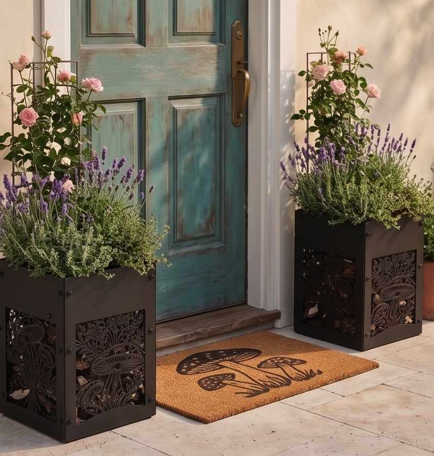 Handcrafted Metal Tall Planter with Decorative Mushroom & Botanical Design – Indoor/Outdoor Display Pot
