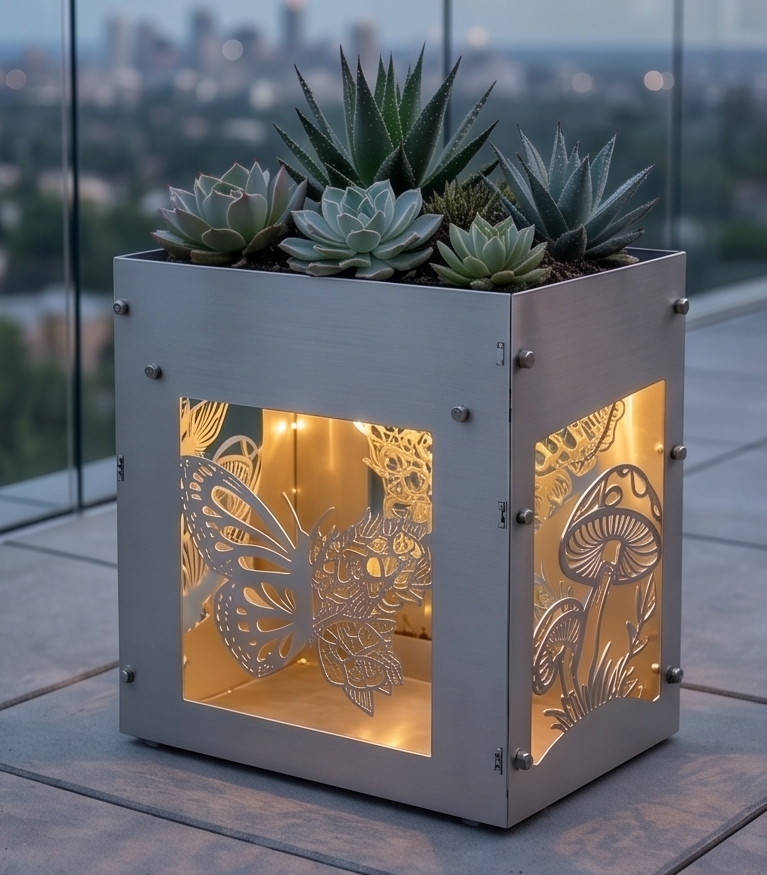 Handcrafted Stainless Steel Tall Planter with Decorative Butterfly & Mushroom Design – Indoor/Outdoor Display