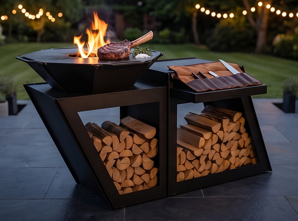 Beautiful Handcrafted Large Premium Geometric Plancha Fire Pit Grill – Wood-Burning Flat Top BBQ with Built-in Log Storage