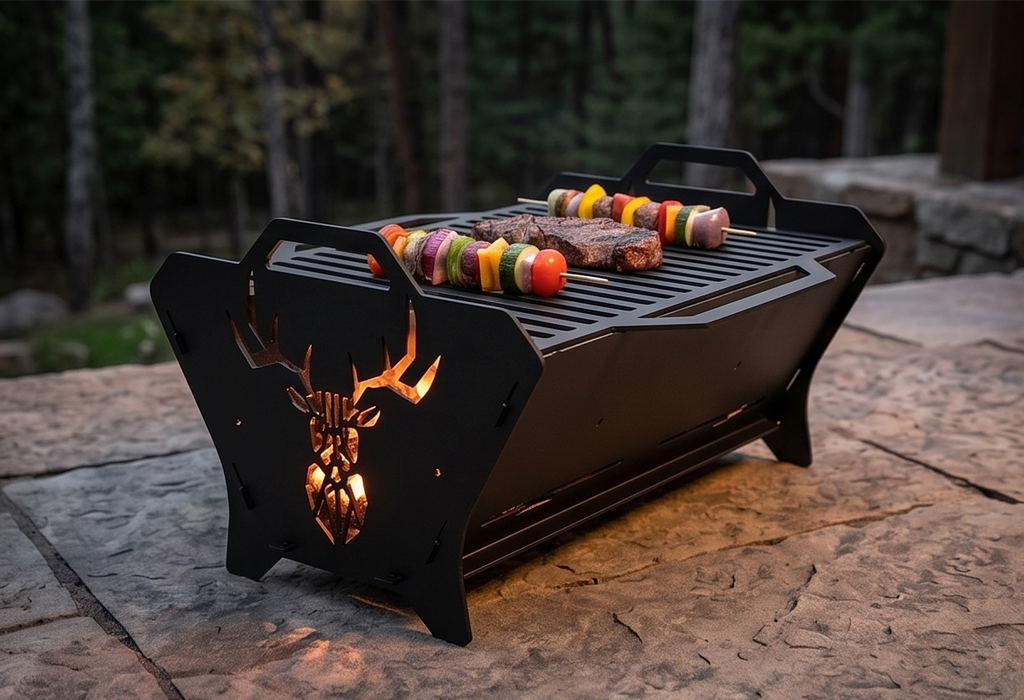 Portable Grill & Fire Pit – Handcrafted Heavy-Duty Foldable and Collapsible BBQ with Geometric Stag Design