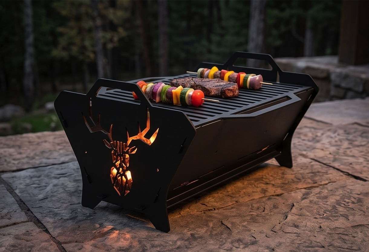 Portable Grill & Fire Pit – Handcrafted Heavy-Duty Foldable and Collapsible BBQ with Geometric Stag Design