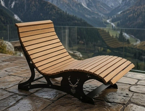 Premium Handcrafted Extra-Wide (125cm) Wood & Metal Sun Lounger – Ergonomic Garden Chaise with Custom Stag Motif