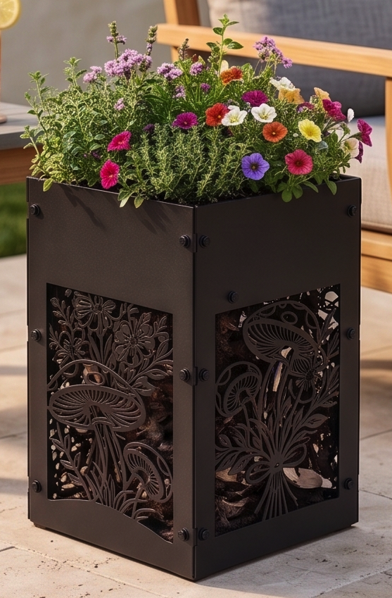 Handcrafted Metal Tall Planter with Decorative Mushroom & Botanical Design – Indoor/Outdoor Display Pot