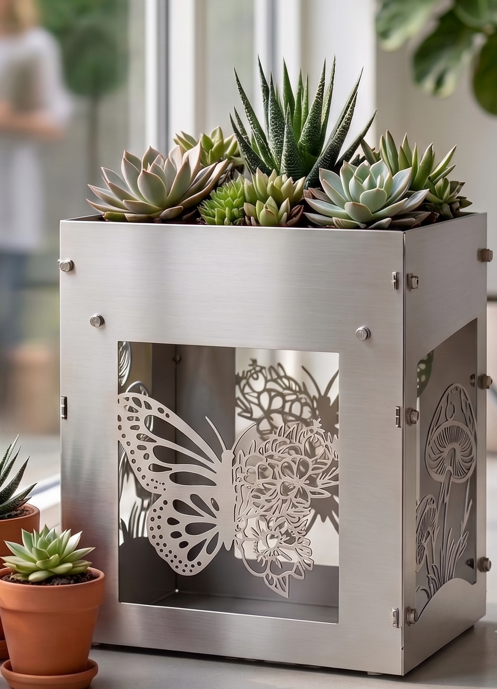 Handcrafted Stainless Steel Tall Planter with Decorative Butterfly & Mushroom Design – Indoor/Outdoor Display