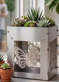 Handcrafted Stainless Steel Tall Planter with Decorative Butterfly & Mushroom Design – Indoor/Outdoor Display