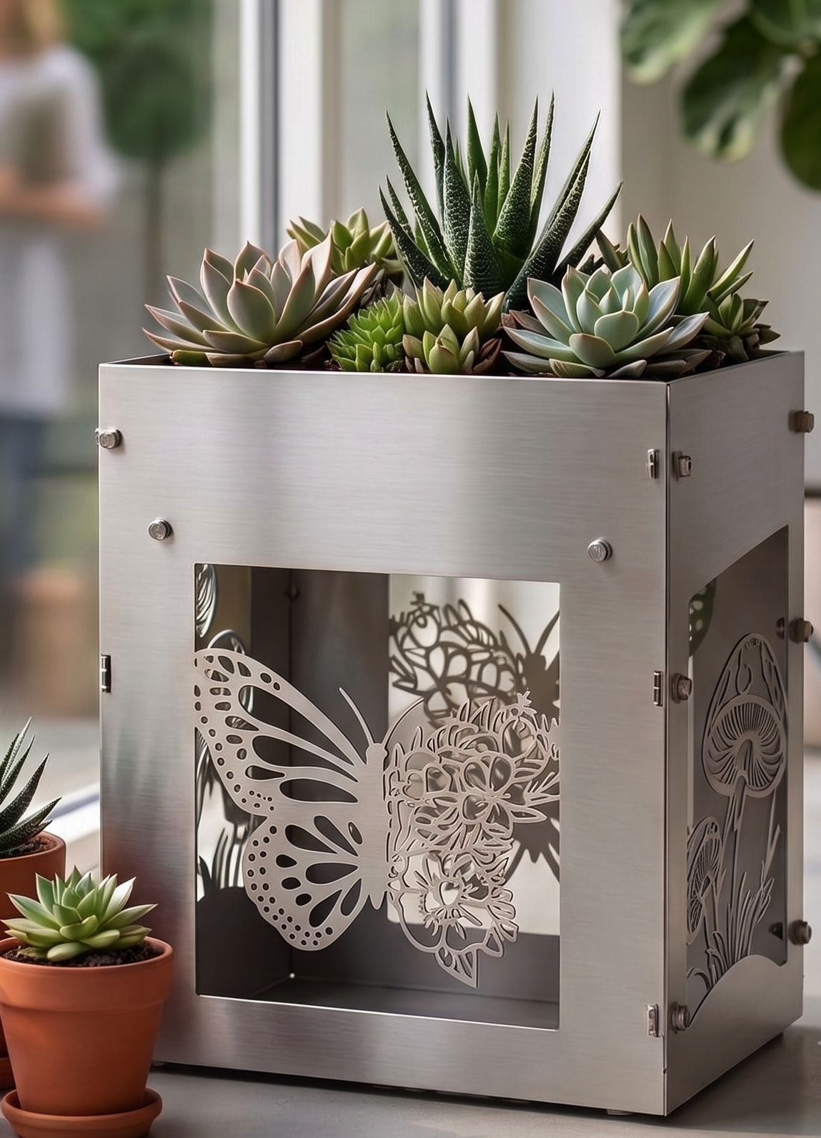 Handcrafted Stainless Steel Tall Planter with Decorative Butterfly & Mushroom Design – Indoor/Outdoor Display
