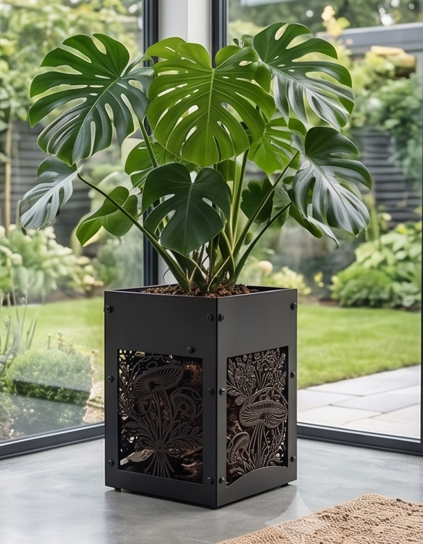 Handcrafted Metal Tall Planter with Decorative Mushroom & Botanical Design – Indoor/Outdoor Display Pot