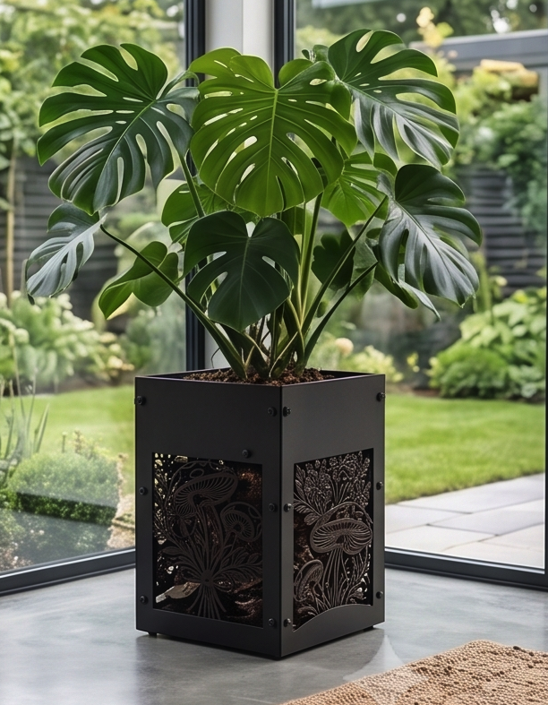 Handcrafted Metal Tall Planter with Decorative Mushroom & Botanical Design – Indoor/Outdoor Display Pot