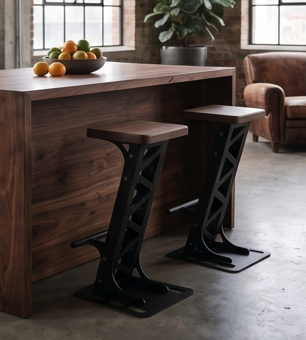 Handcrafted Industrial Modern Solid Wood & Steel Barstool - with Heavy-Duty Geometric Metal Base, Modern Rustic Stool with Footrest