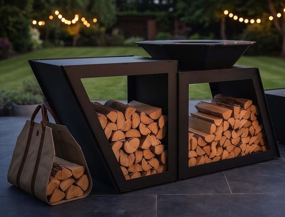 Beautiful Handcrafted Large Premium Geometric Plancha Fire Pit Grill – Wood-Burning Flat Top BBQ with Built-in Log Storage