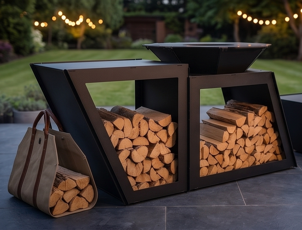 Beautiful Handcrafted Large Premium Geometric Plancha Fire Pit Grill – Wood-Burning Flat Top BBQ with Built-in Log Storage