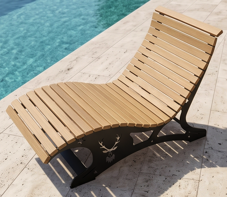 Premium Handcrafted Extra-Wide (125cm) Wood & Metal Sun Lounger – Ergonomic Garden Chaise with Custom Stag Motif