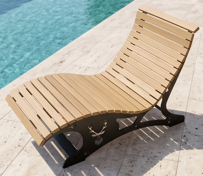Premium Handcrafted Extra-Wide (125cm) Wood & Metal Sun Lounger – Ergonomic Garden Chaise with Custom Stag Motif