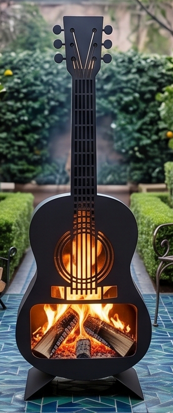 Handcrafted Acoustic Guitar Metal Fire Pit – 105cm Outdoor Chiminea