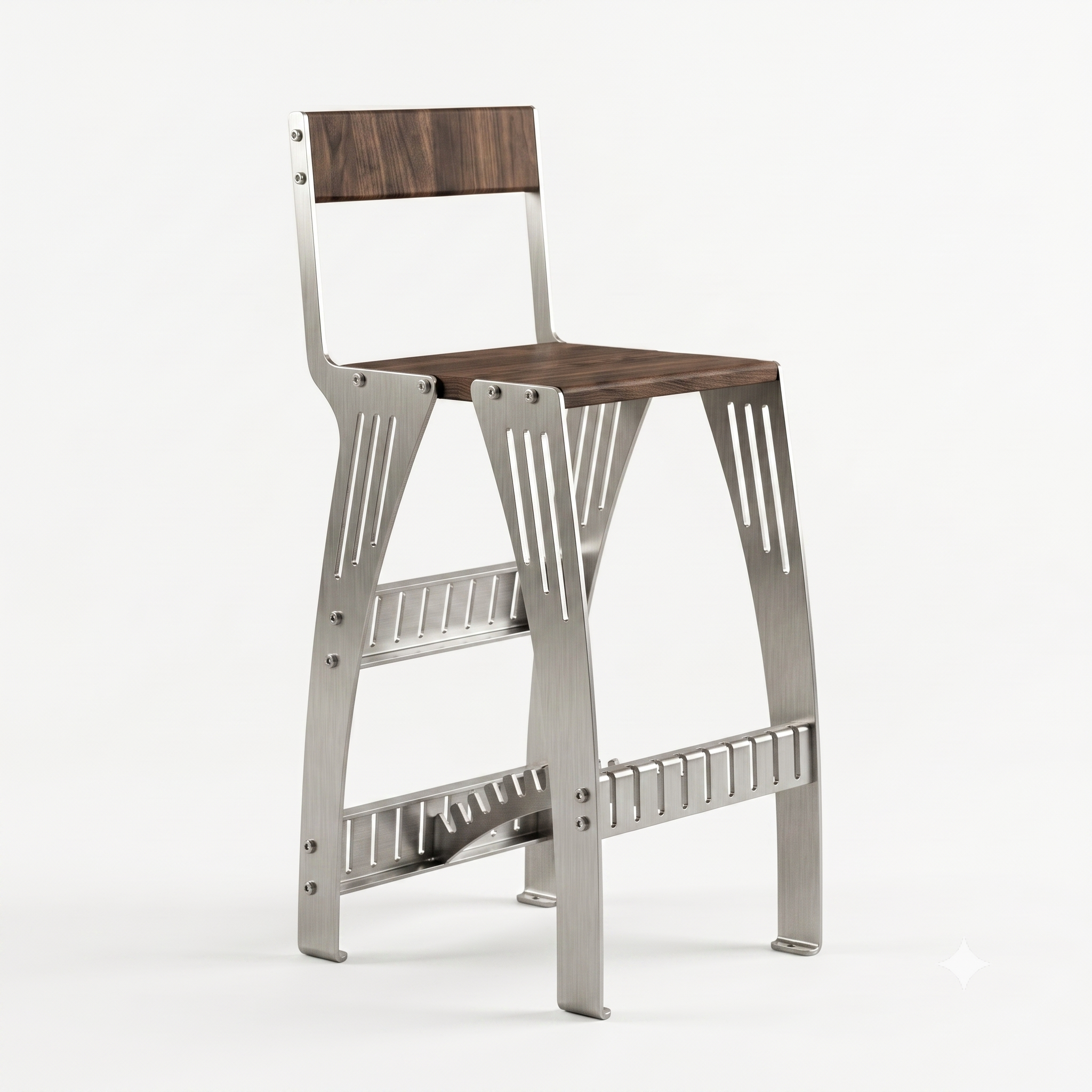 Handcrafted Industrial Modern Solid Wood & Stainless Steel Barstool - High-Back Counter Chair