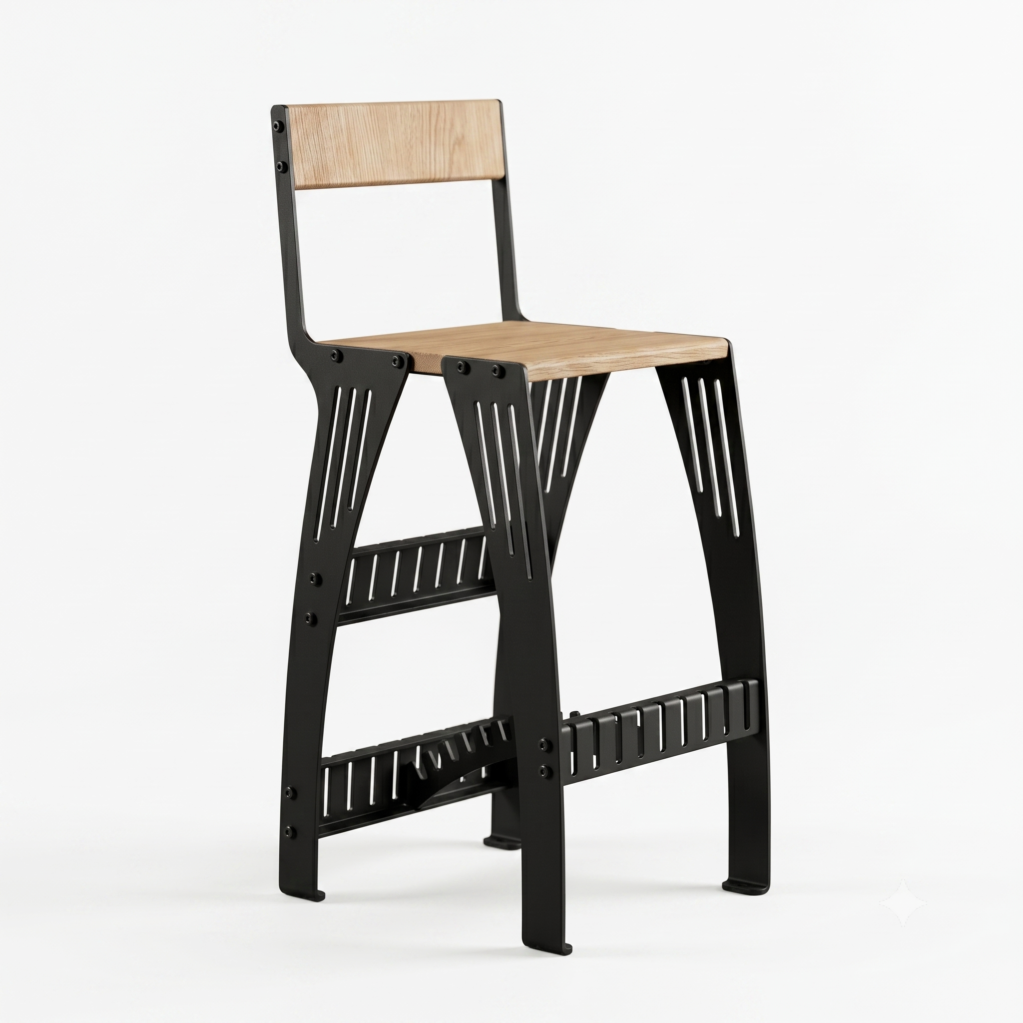 Handcrafted Industrial Modern Solid Wood & Steel Barstool - High-Back Counter Chair