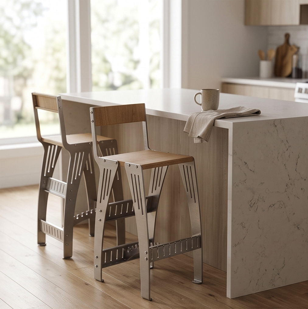 Handcrafted Industrial Modern Solid Wood & Stainless Steel Barstool - High-Back Counter Chair