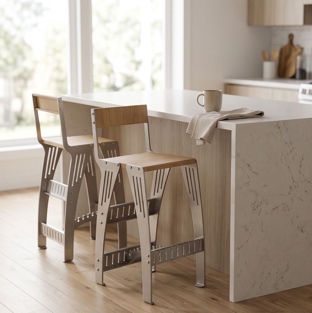 Handcrafted Industrial Modern Solid Wood & Stainless Steel Barstool - High-Back Counter Chair