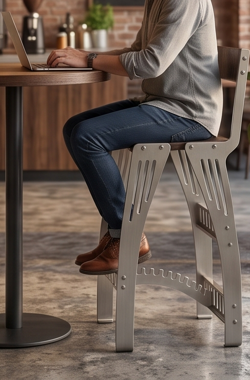 Handcrafted Industrial Modern Solid Wood & Stainless Steel Barstool - High-Back Counter Chair