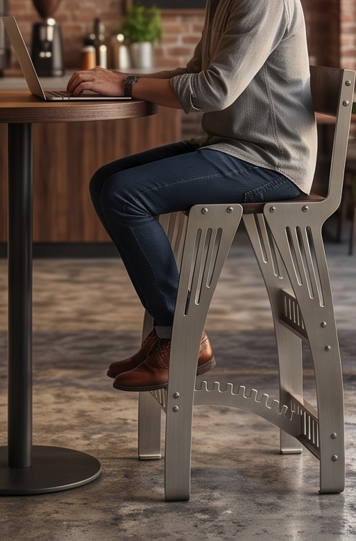 Handcrafted Industrial Modern Solid Wood & Stainless Steel Barstool - High-Back Counter Chair