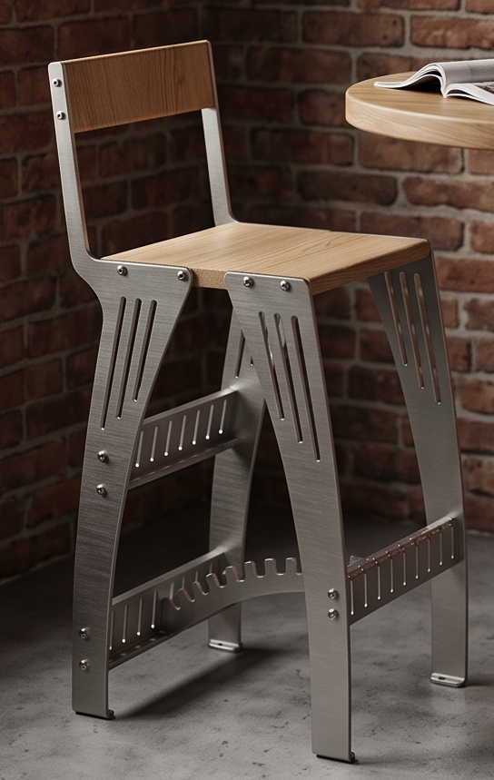 Handcrafted Industrial Modern Solid Wood & Stainless Steel Barstool - High-Back Counter Chair