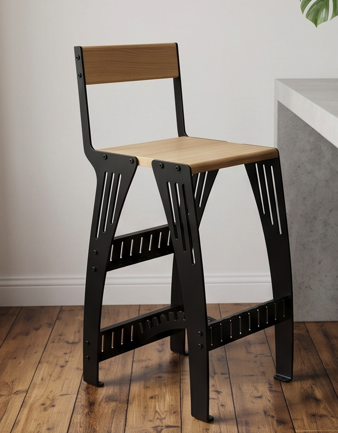 Handcrafted Industrial Modern Solid Wood & Steel Barstool - High-Back Counter Chair