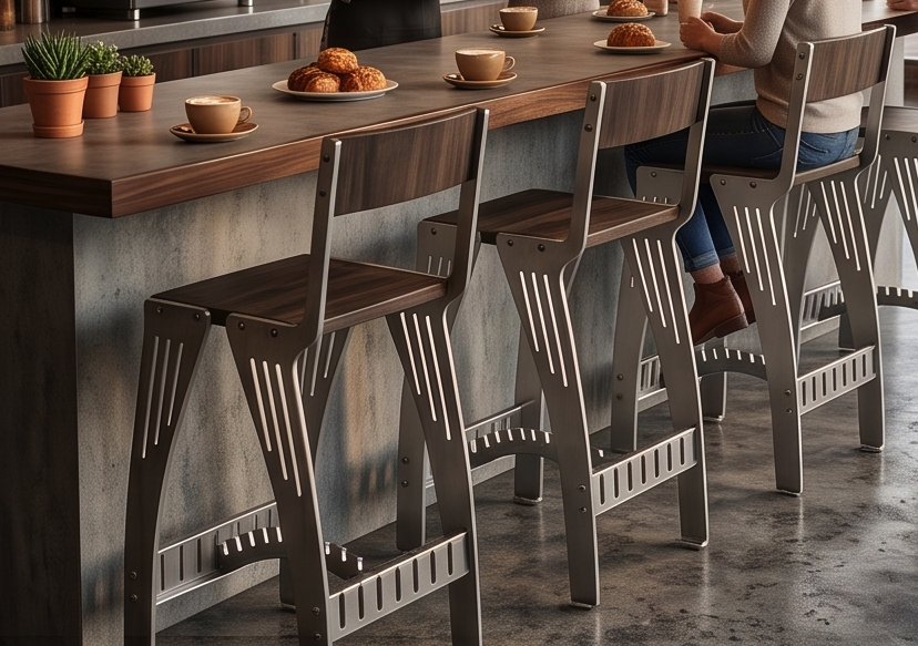 Handcrafted Industrial Modern Solid Wood & Stainless Steel Barstool - High-Back Counter Chair